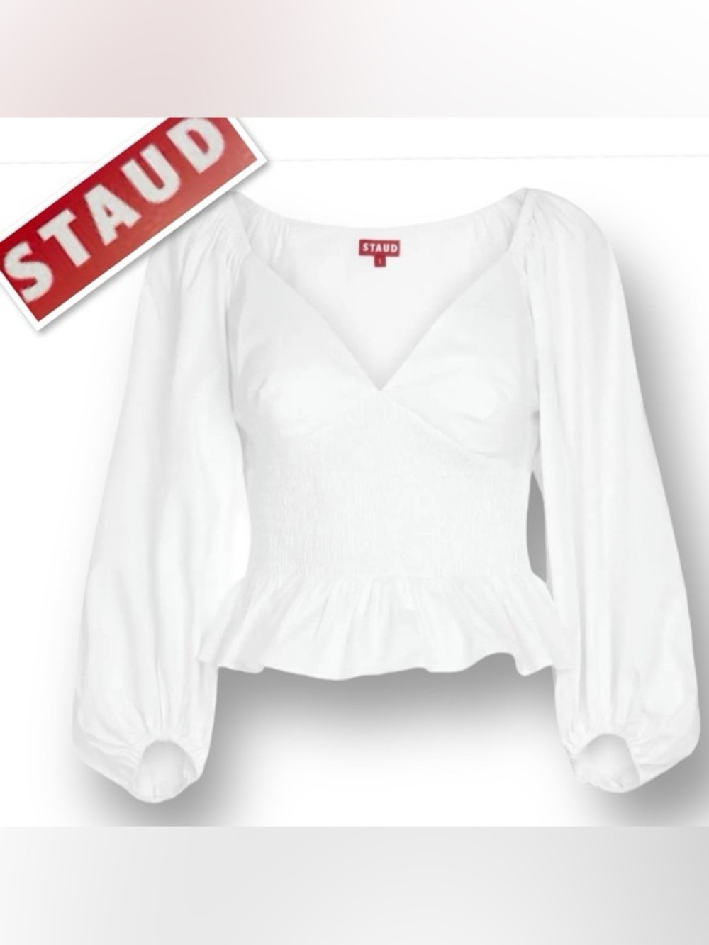 Staud Matilde White Smocked Peplum Long-Sleeve Top